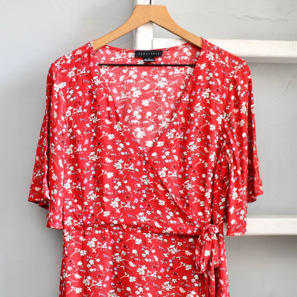 Sanctuary Red Girl On Fire Floral Faux Wrap V-Neck Dress Size Large - Picture 5 of 8